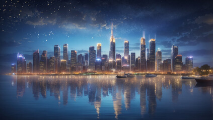 Obraz premium Craft a magnificent and captivating city skyline at night, aglow with sparkling lights that dance upon the water's surface, creating mesmerizing reflections - AI Generative