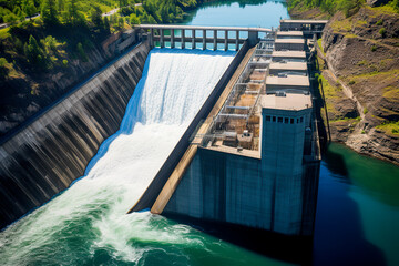 High angle view of a hydroelectric dam on a river.