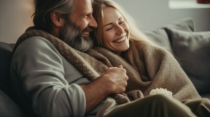 a couple between 30 and 45 years old wrapped in a blanket, watching old movies with a bowl of popcorn