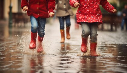 group of happy children jumping and splashing in red rain boots on a rainy summer day - obrazy, fototapety, plakaty