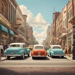 A nostalgic city street in a bygone era, with vintage cars, retro storefronts, and people in classic attire