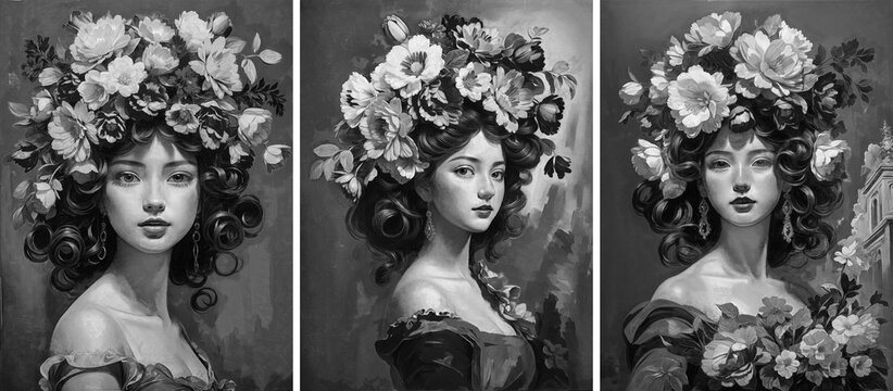 3 pieces black and white oil painting of girl figure with rose flower on head. palette knife on canvas. decoration and interior, canvas art colorful splash. poster. home decor. wall art