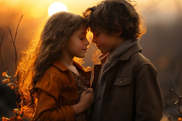 kids kissing in sunset