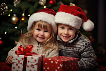 Fototapeta na wymiar Brother and sister in Christmas Santa hats holding red present box with ribbow looking at camera fur bokeh tree on background. Celebrating happy Christmas Xmas New Year Eve December holiday concept