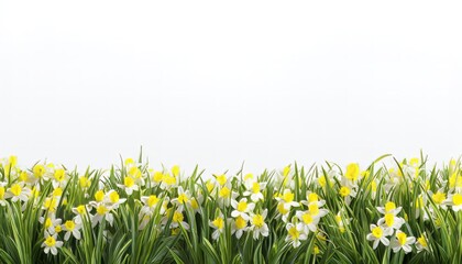 Lush green grass, vibrant spring scene, white or yellow background, and easter themed copy space.