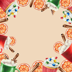 Watercolor frame with Christmas cup of hot drink with marshmallows, cinnamon stick and orange. New year hand painting green mug isolated on white background. For designers, food decoration, m