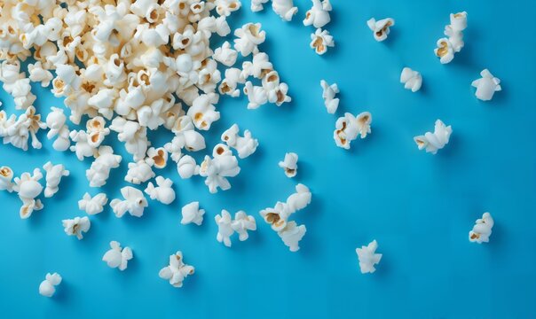 popcorn grains of crispy fried air on flat blue background