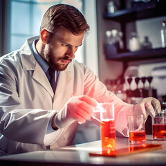 a male scientist experimenting on mixing liquid in a tube in petrochemical lab testing.