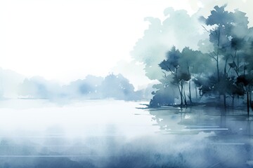 misty morning in the forest, watercolor landscape, background