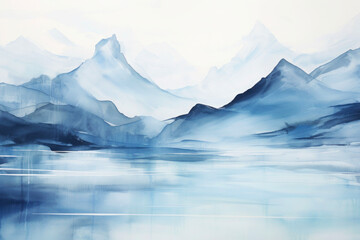 Fototapeta na wymiar Blue watercolor background, mountains, lake reflection
