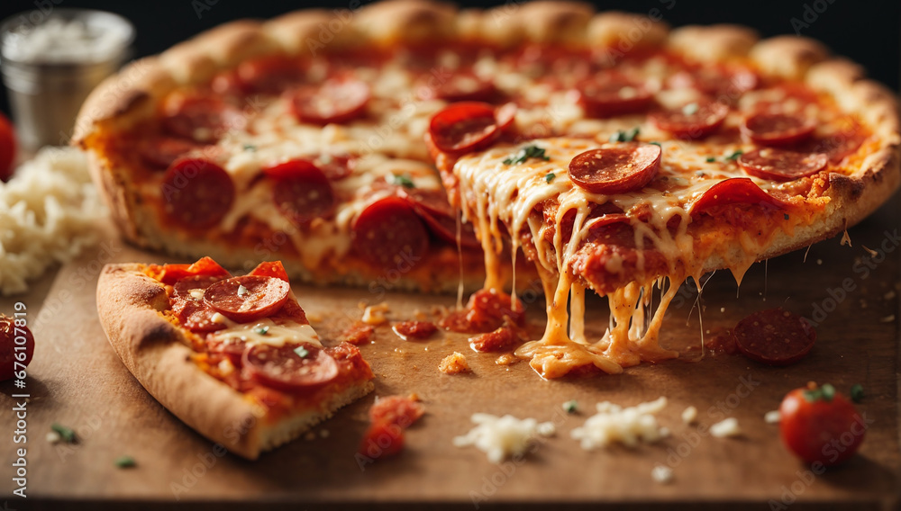 Poster create a realistic image of a slice of freshly baked pepperoni pizza with gooey cheese - ai generati
