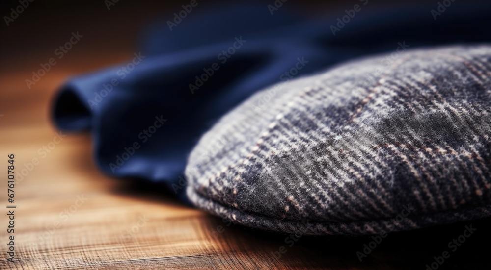 Poster A hat and a blue shirt on a wooden table, AI