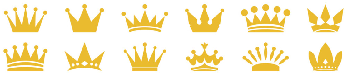 Set of yellow crowns. Vector illustration isolated on white background - obrazy, fototapety, plakaty