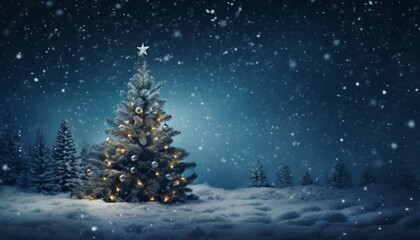 Fototapeta premium Snow covered christmas tree with dark blue background, creating a festive holiday concept.