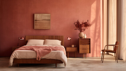 bedroom with dusty rose walls, dusty rose colored bed, wooden nightstand, and wooden chairs 