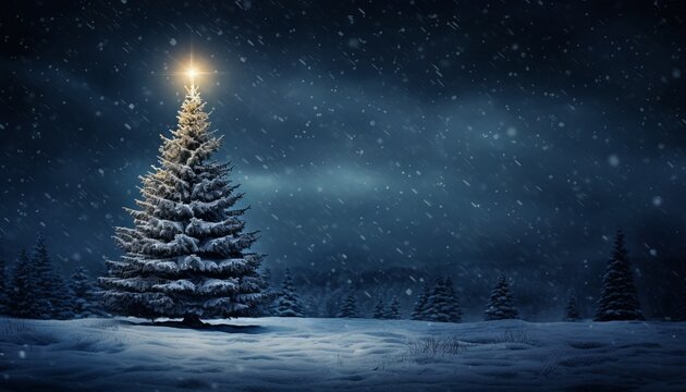 Snow covered christmas tree with dark blue background   festive holiday concept image