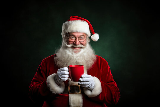 Studio portrait of smiling  Santa Claus with cup of hot coffee tea in Christmas holiday decoration cafe look into camera. Happy New Year and Merry Christmas concept. Christmas advert. Copy paste