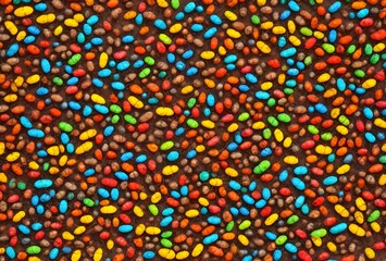 Fototapeta na wymiar Colorful sprinkles on a brown background, close-up, colorful sprinkles, brown background, close-up, dessert decoration, sweet treats, confectionery, bakery concept, sugar topping, culinary photography