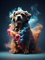Labrador Retriever dog in colorful smoke. Studio shot, labrador retriever, dog, colorful smoke, studio shot, pet photography, canine portrait, smoke effect, vibrant colors, animal in studio