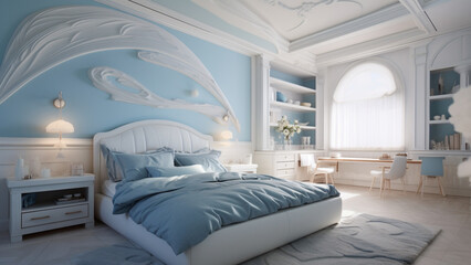 bedroom with soft blue beds, soft blue wall, white bed frame, white nightstand and ceilings