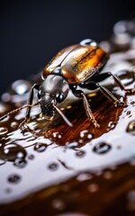 A beetle sitting on a wooden surface with water droplets, AI