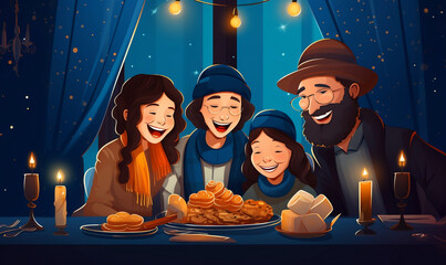 Hanukkah nativity scene with family, Happy family celebrating Hanukkah, Happy Family enjoying Hanukkah delicious dinner together