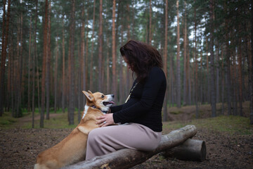 a pregnant woman sits on a log in the forest and plays with her corgi dog