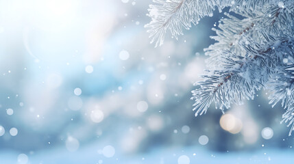 christmas and winter background detail fir tree with ice, snow and Christmas decorations with bokeh of snowflakes