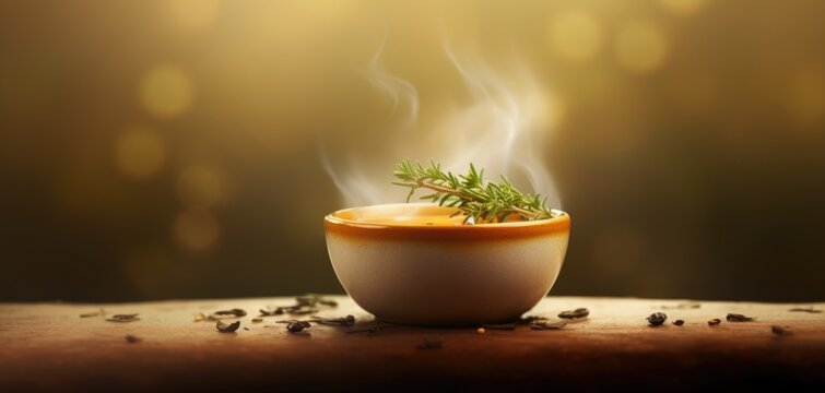 A cup of soup a with a sprig of rosemary in it, AI