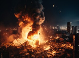 Powerful explosion of a cruise missile or phosphorus bomb among buildings and dense development. The moment of detonation at night city with debris flying amidst billowing thick black smoke and fire. - obrazy, fototapety, plakaty