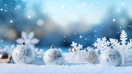 Fototapeta na wymiar beautiful christmas background with white and silver christmas balls in front of a bokeh of snowflakes