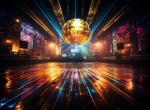 Shimmering gold disco ball in the middle of the empty dance floor. A colorful concert music stage with neon lights of the 70s disco era for concert illuminated by spotlights. - Powered by Adobe