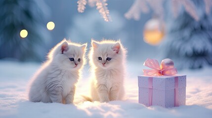 cat sitting with winter Christmas decorations with snow and trees on the background with gift box 