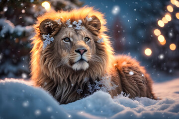 Realistic 3d decorative toy figurine of a little cute gold lion in Christmas decorations. Christmas winter holiday composition. Generative AI. - obrazy, fototapety, plakaty