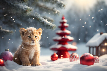 Realistic 3d decorative toy figurine of a little cute gold lion in Christmas decorations. Christmas winter holiday composition. Generative AI.