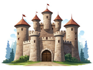 The beautiful ancient castle based on children's illustrations. Surrounded by nature. Isolated on white background.
