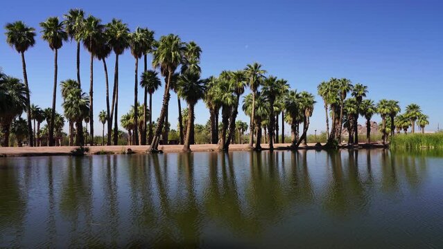 Papago Park in Phoenix Arizona, America, USA. The park features uniques mountains, palm trees and several pond for wildlife and fishing.
