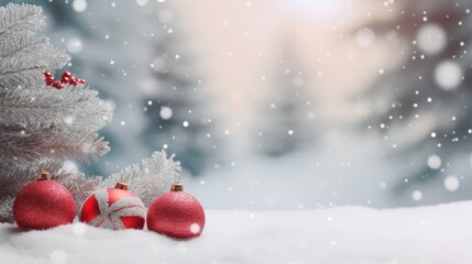 Fototapeta na wymiar Red Christmas balls on snow with copy space