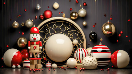 Green Christmas illustration greeting card design with Christmas decors, and white, gold Christmas balls. Generative AI