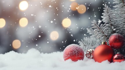 Naklejka na ściany i meble Red Christmas balls on snow with copy space