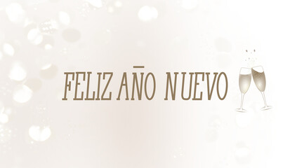 Happy New Year text in Spanish with lights in the background.