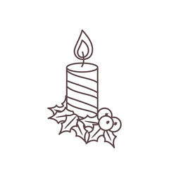 Isolated Outline Christmas candle and holly berry. Vector Element of xmas and New Year events