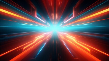 Fototapeta na wymiar 3d render. geometric shapes Abstract background of red orange teal neon wavy stripes and lasers ascending in a large room. wide angle, open space, tech Modern wallpaper