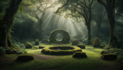 Enchanted jungle glen with a mystical aura and ancient stone circle - AI Generative - obrazy, fototapety, plakaty