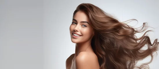Tuinposter The beautiful woman with flawless hair is captured in a happy portrait her face glowing against the white background while showcasing her natural beauty and healthy lifestyle Her makeup enha © TheWaterMeloonProjec