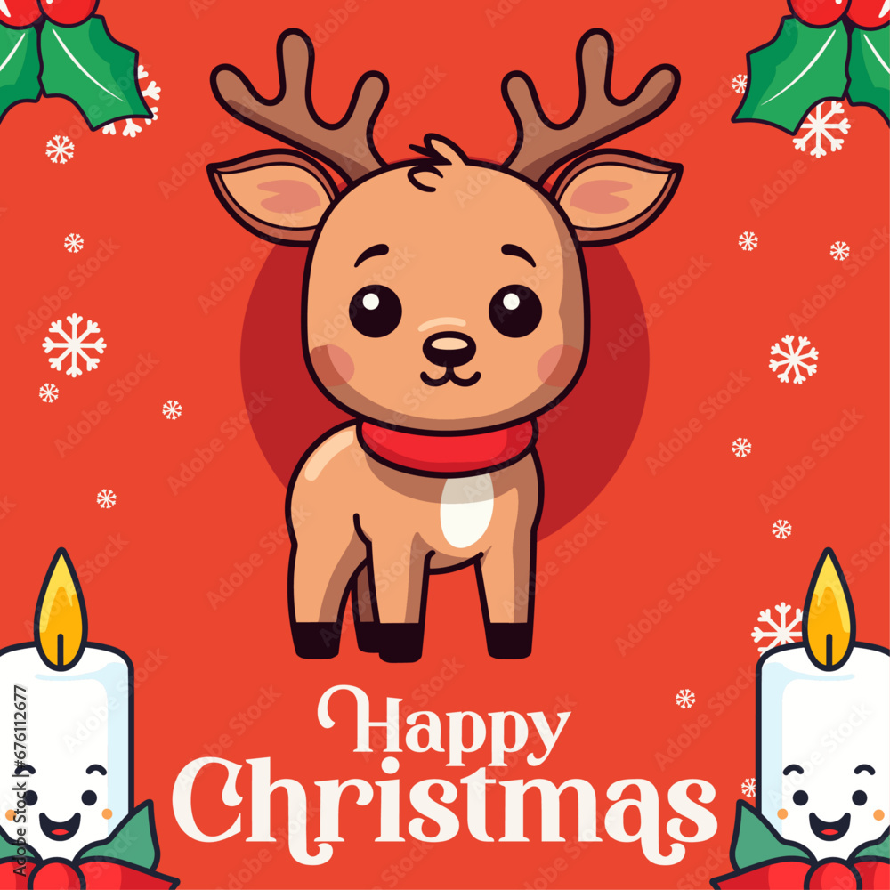 Wall mural Vector Pleasing Baby Deer, Moose, Reindeer: Happy Winter Holiday as Cartoon Characters