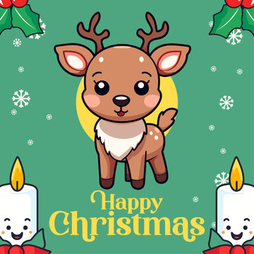 Vector Delightful Baby Deer, Moose, Reindeer: Cheerful Winter Holiday as Christmas Cartoon Characters