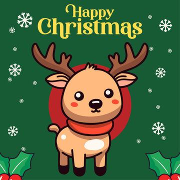 Vector Darling Baby Deer, Moose, Reindeer: Happy Winter Festival as Christmas Cartoon Characters
