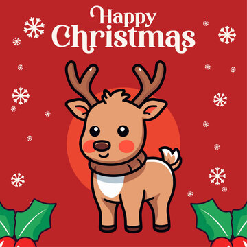 Vector Winsome Baby Deer, Moose, Reindeer: Happy Winter Holiday as Yuletide Cartoon Characters