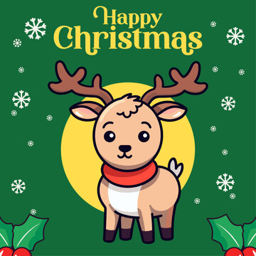 Vector Endearing Baby Deer, Moose, Reindeer: Happy Winter Festivity as Christmas Cartoon Characters
